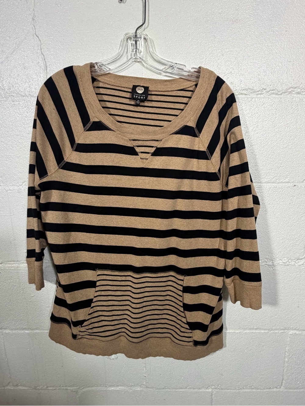 Jones New York Black and Tan Striped Scoop-Neck Sweater